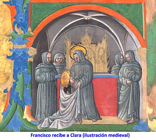 Francisco recibe a Clara (ilustración medieval)
